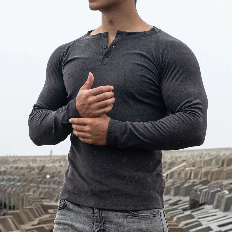 BONSIR - Spring Fall Casual Solid Slim Pullover Tees Male Fashion Long Sleeve t shirt Casual Double-plush Elastic Gym Shirts Men Clothing