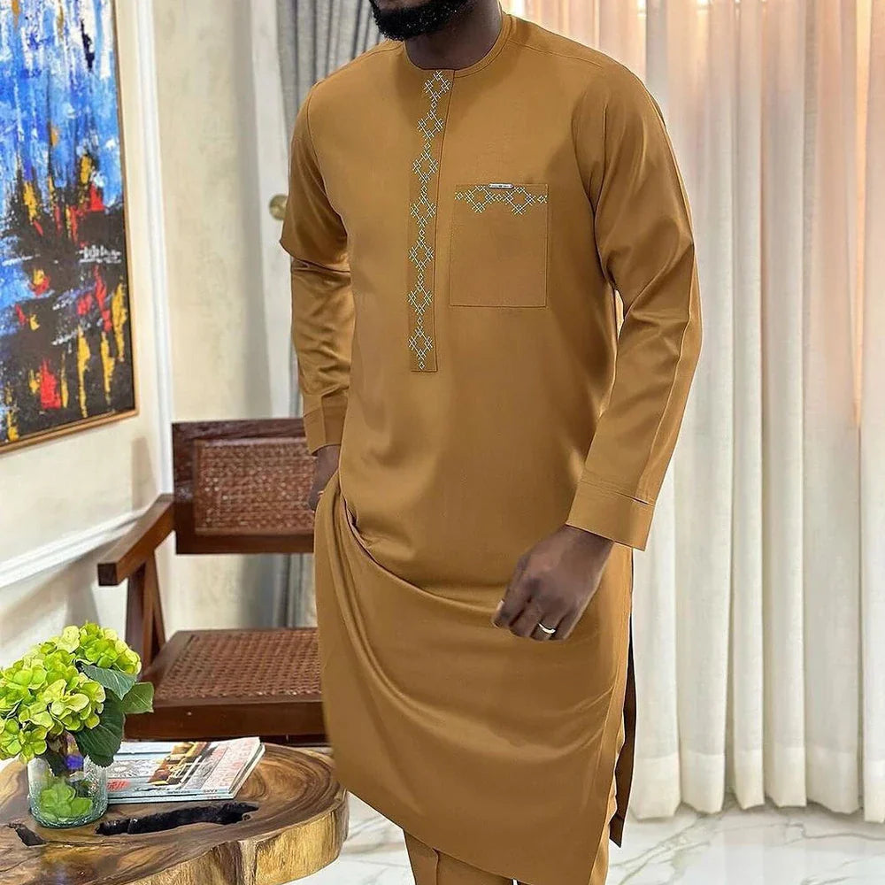 sanyamk - Kaftan Summer Men's Suits Short Sleeve Solid Top Pants Wedding African Ethnic Casual Wear Dashiki 2PCS Suit Fashion Men's Sets