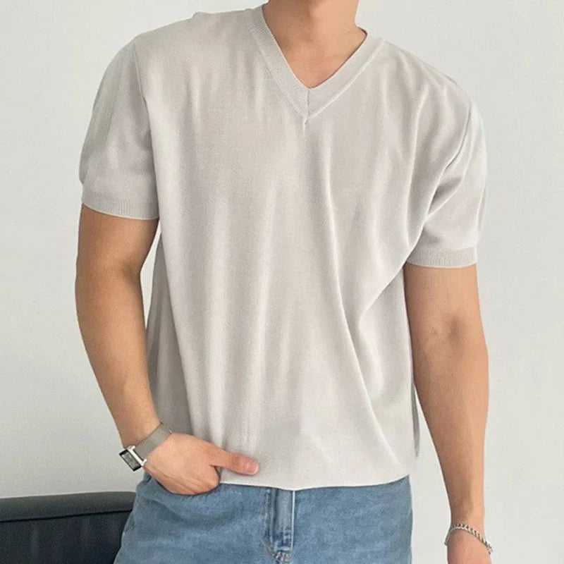 sanyamk - Summer Casual Solid Color Knit T Shirt Men Fashion Short-sleeved V Neck T-shirts Vintage Mens Clothes Knitwear Male Streetwear