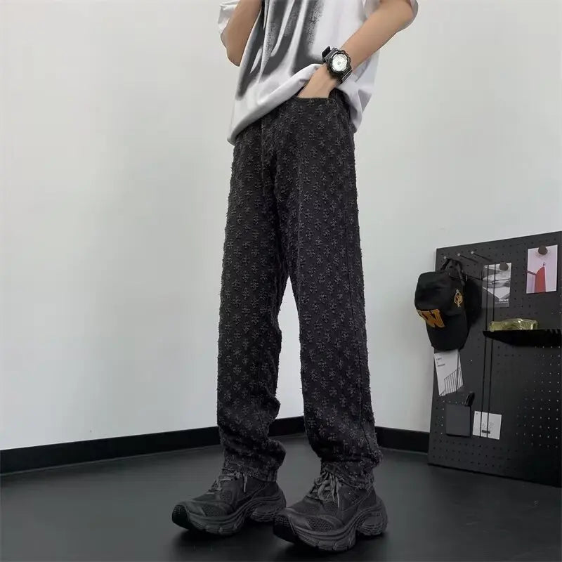 sanyamk Jacquard Pattern JEANS MEN 2024 NEW Denim Pants Male Straight Fitting Baggy Bottoms Distressed Wide Jeans For Men