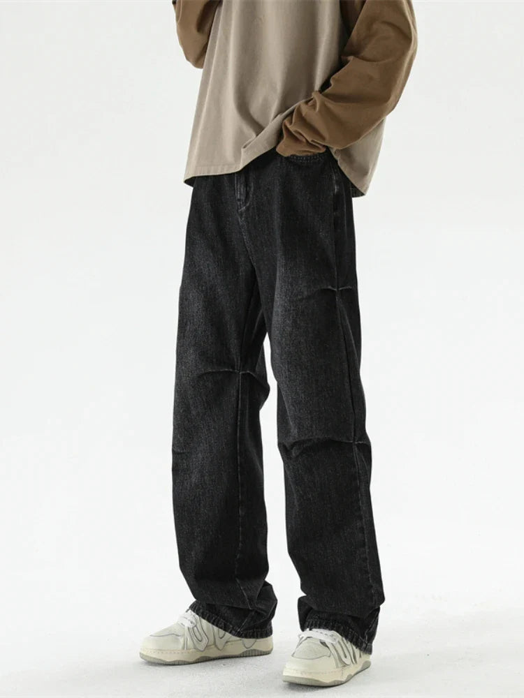Bonsir Autumn New Wide Leg Jeans Men Belt Buckle Trousers Neutral Loose Casual Hip Hop Streetwear Washed Vintage Wrinkled Denim Pants