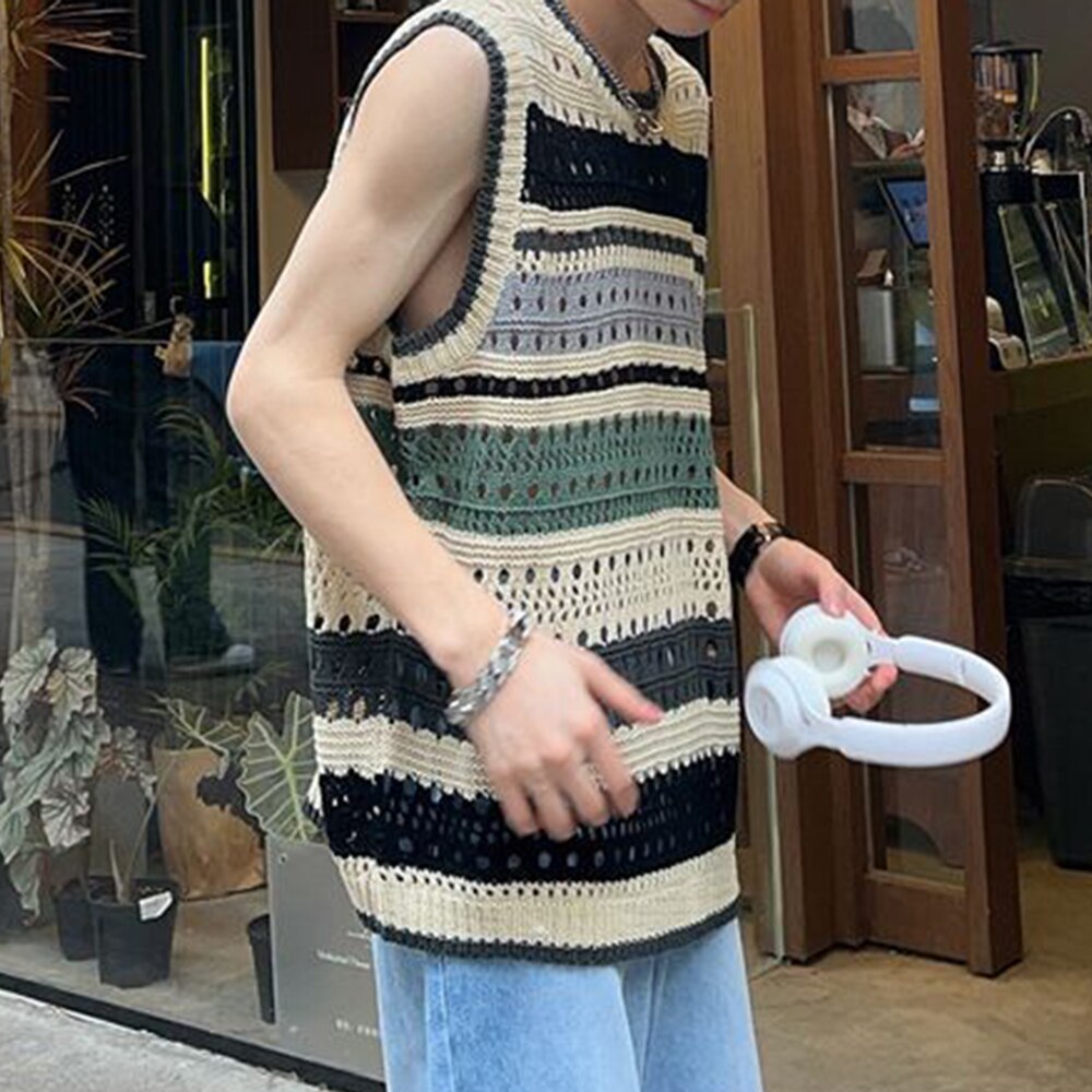 sanyamk Fashion Knitted Vest Y2k Streetwear Trend Hollow Sleeveless Top Men's Striped Contrast Color Loose Tank Tops Genderless Clothing