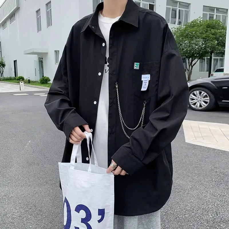 Bonsir Men Korean Fashion Appliques Oversized Chain Design Streetwear Harajuku Y2K Shirts Youth Handsome Casual Solid Long Sleeve Tops