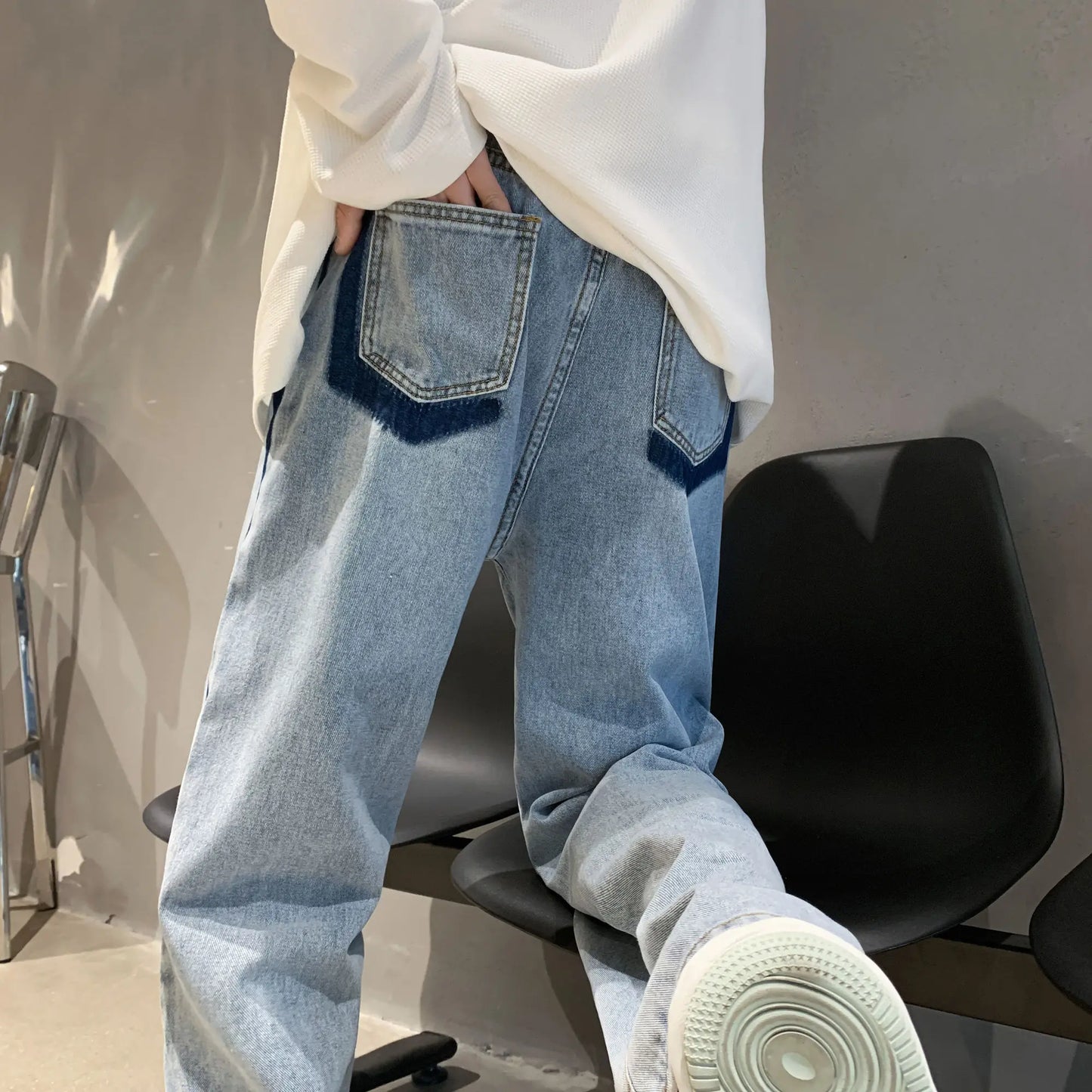 sanyamk High street vibe American trousers, male minority design sense, splicing jeans, overlapping stripes, floor length straight