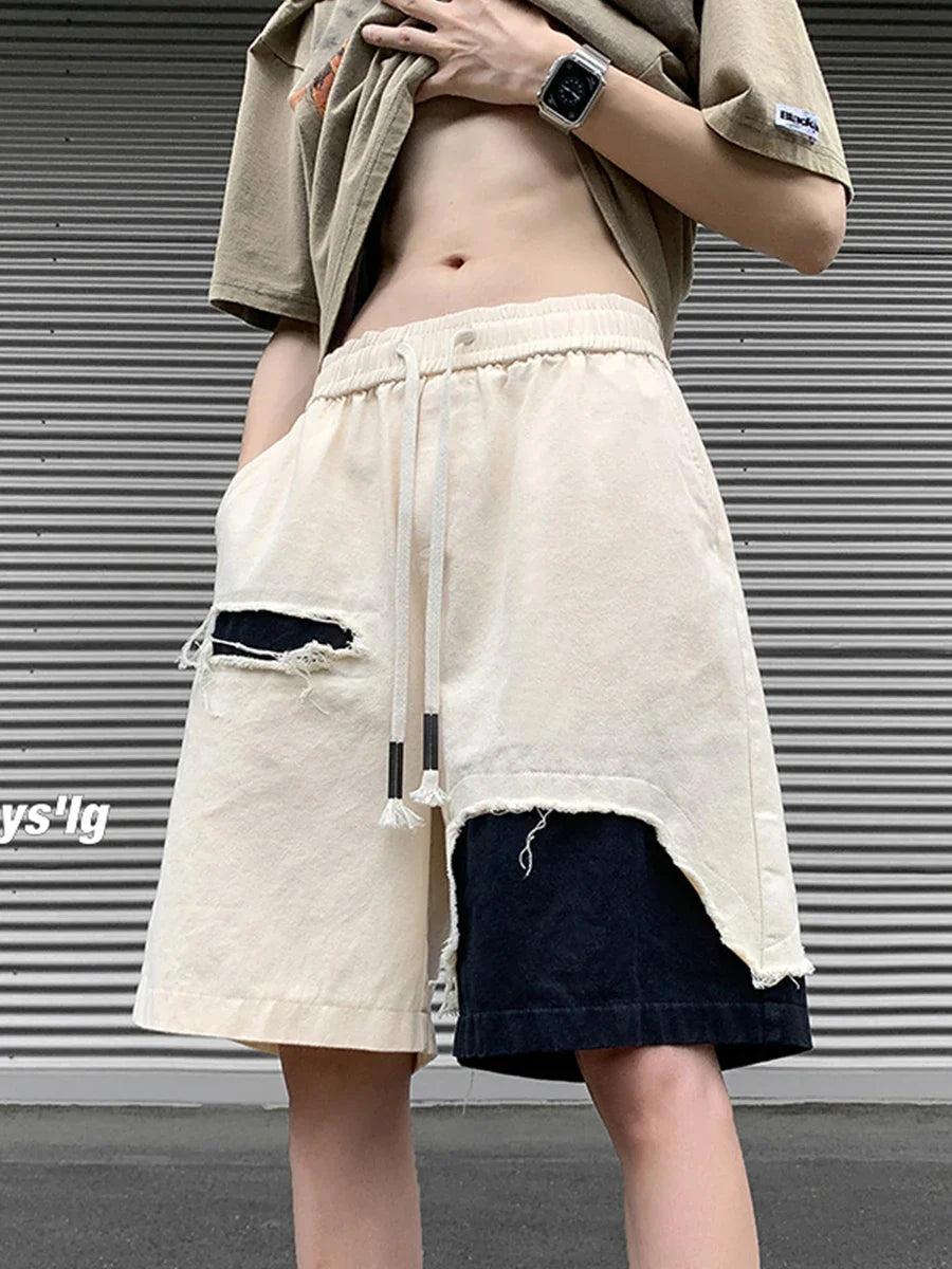 Bonsir Vintage Cargo Shorts Men Summer Leisure American Style Hole Contrast Color Knee Length Loose All-match Streetwear Simple Trendy