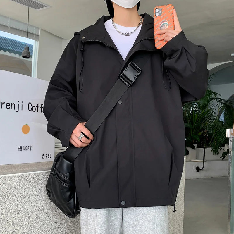 BONSIR - New Spring Men's Jackets Coat Hooded Waterproof Windbreakers Oversize Zipper Tactical Outerwear Casual College Streetwear