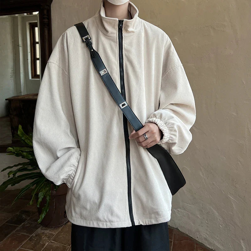 sanyamk Autumn Vintage Corduroy Jackets Men Japan Style Casual Loose Outerwear Solid High Collar Zipper Coat Fashion Oversize Clothing