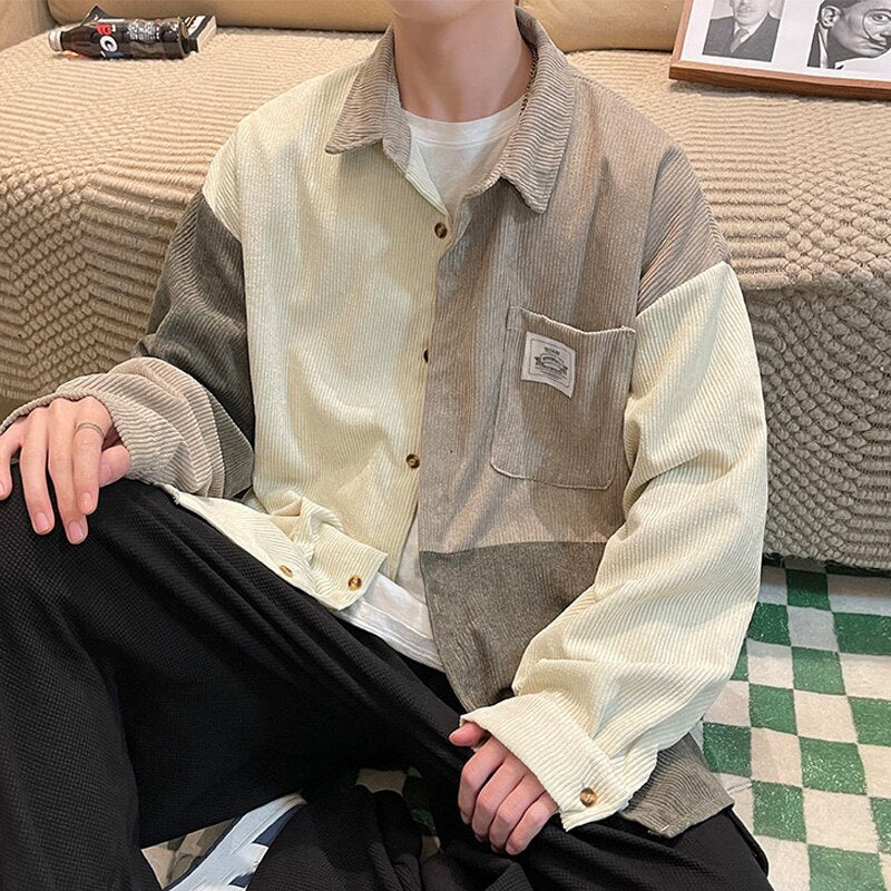 sanyamk Corduroy Shirt Men Vintage Splicing Top Oversized Long Sleeves Blouse Trend Fashion Streetwear Spring Autumn Y2K Male Clothes