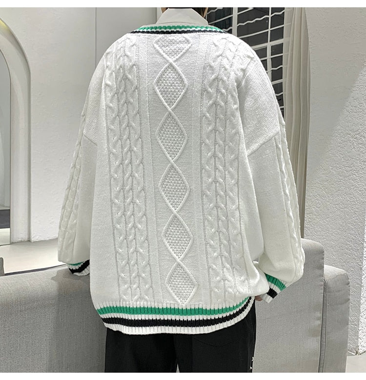 Bonsir Winter V-neck Sweater Men New Patchwork Color Knitted Sweater Pullover Harajuku Couple Streetwear Loose Knitwear Oversized 2XL