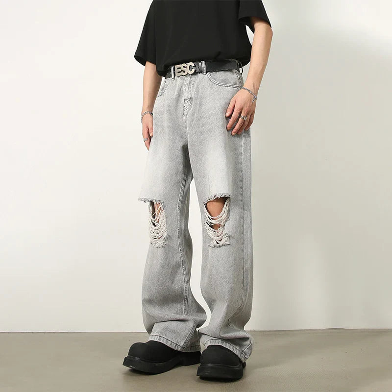 sanyamk Ripped Jeans Men High Street Male Hip Hop Distressed Denim Wide Leg Pants Casual Trousers Vintage Streetwear Loose