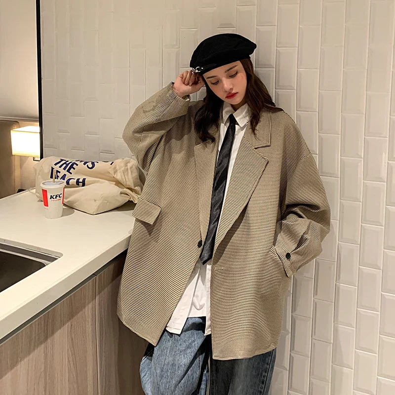 sanyamk - New Luxury Houndstooth Blazers Grey Khaki Men'S Casual One Button Blazers Autumn Winter Fashion All-match Loose Suit Jackets