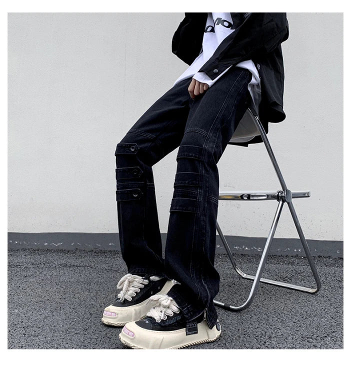 Bonsir American Style High Street Niche Style Zipper Jeans Men Trendy Brand Fried Street Loose Straight Tube Work Pants Design Sense