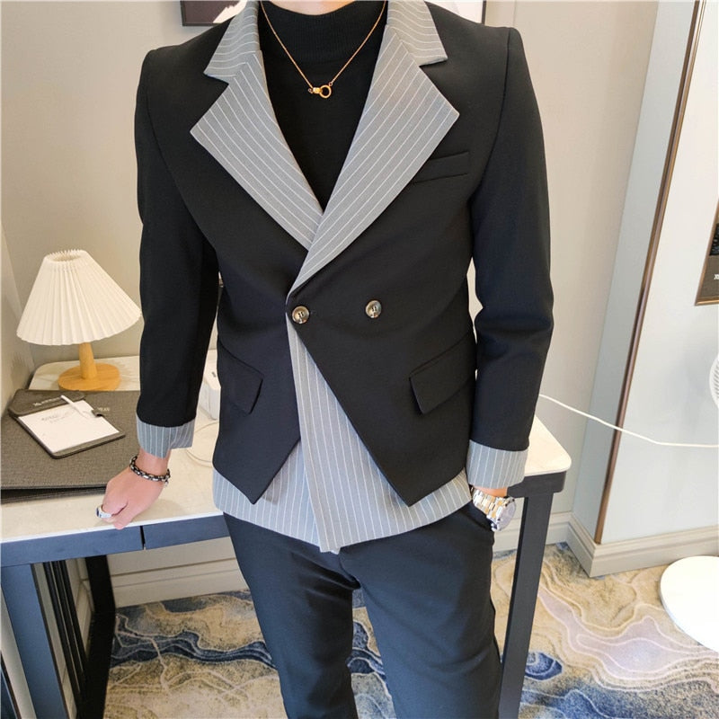 sanyamk Korean Patchwork Suit 2 Piece Suit Blazer Men Suit Set Slim Fit Tuxedo Suit Blazer Suit Men Stylish Blazer Stage Party Club