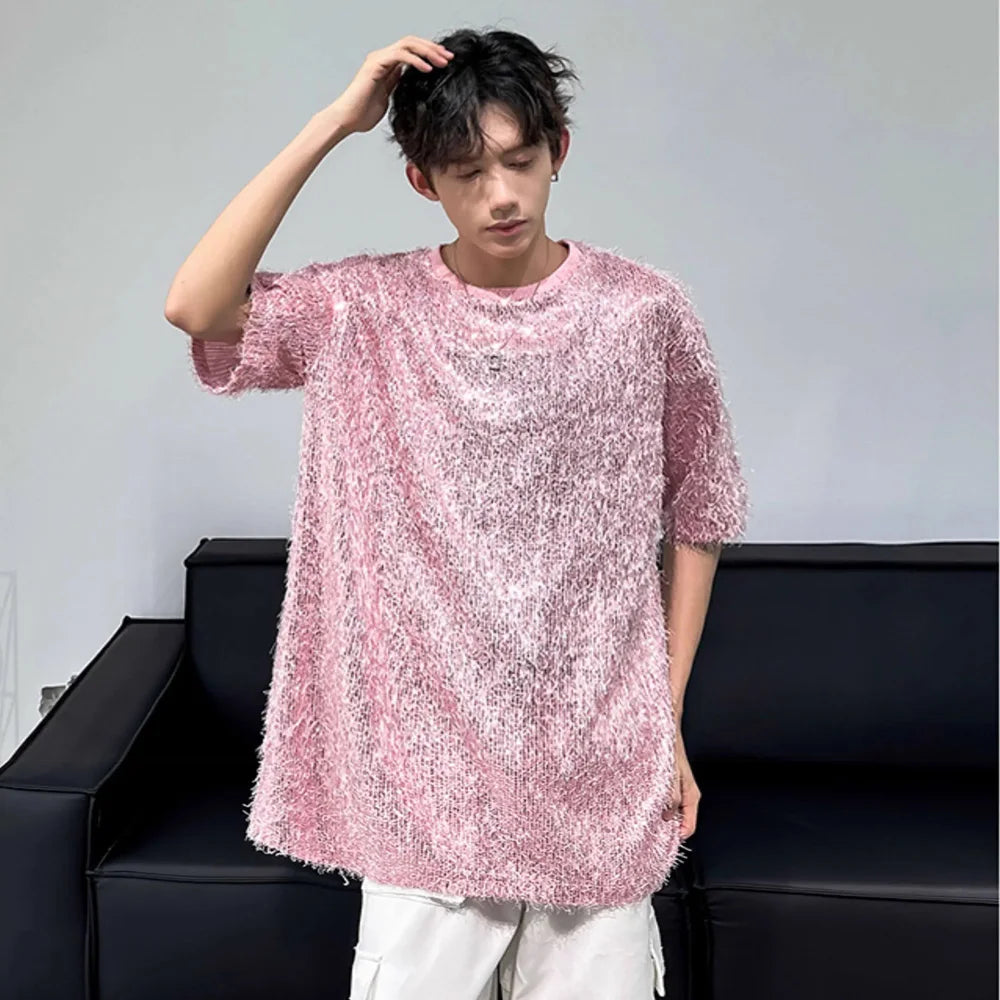 sanyamk - Men Women Sequin Tassels Stage Fashion Show Loose Casual Short Sleeve Tee Shirts Unisex T-shirt Party Clothing Couple Tshirts