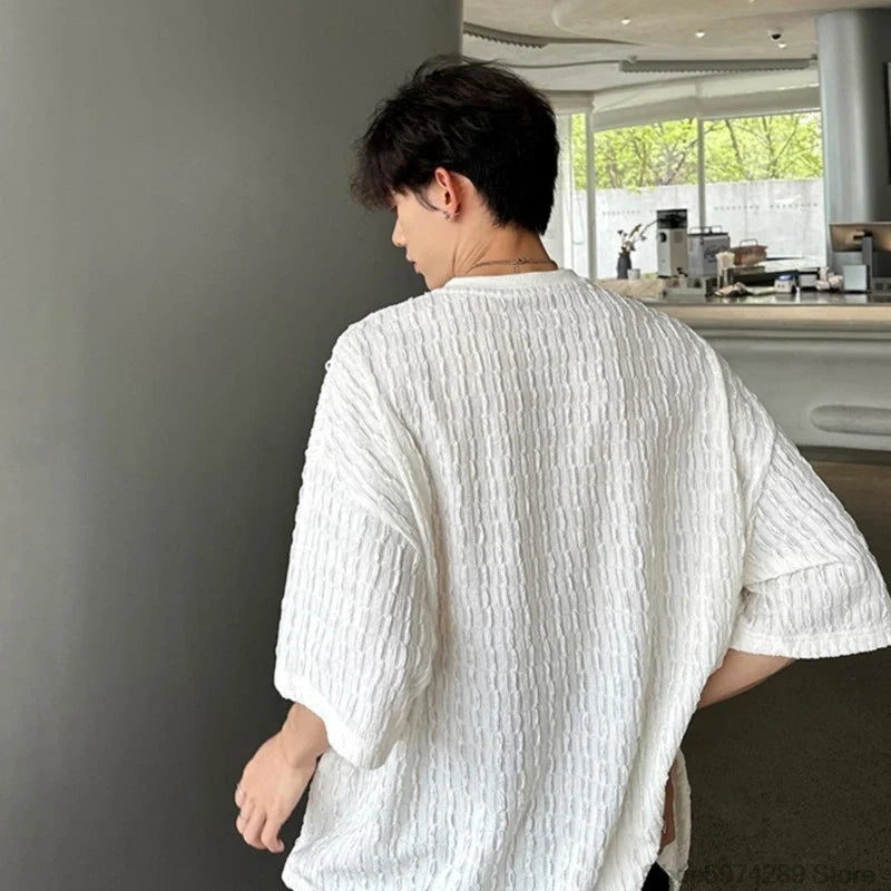 Bonsir White O-neck Pleated Stripe T-shirt for Men Vintage Large Size Breathable Soft Short Sleeved T-shirt Summer Loose Casual Tops