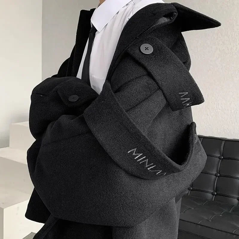 sanyamk Woolen Coat Trendy Men's Autumn and Winter Niche Design American Retro Loose Thickened Jacket Tops K Pop Clothes Men Clothes A29