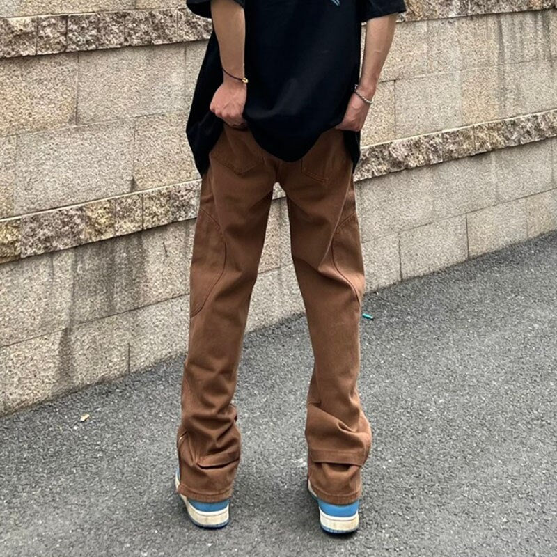 sanyamk Retro High Street Vibe Style Letter Embroidery Jeans for Men Ankle Zipper Straight Solid Color Baggy Casual Denim Trousers