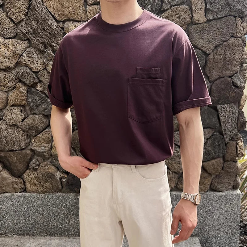 sanyamk - Trendy Pockets Pure Color Cotton T Shirt Men Short Sleeve O Neck Casual Tees For Male Summer Fashion Simple Loose Mens T-shirts