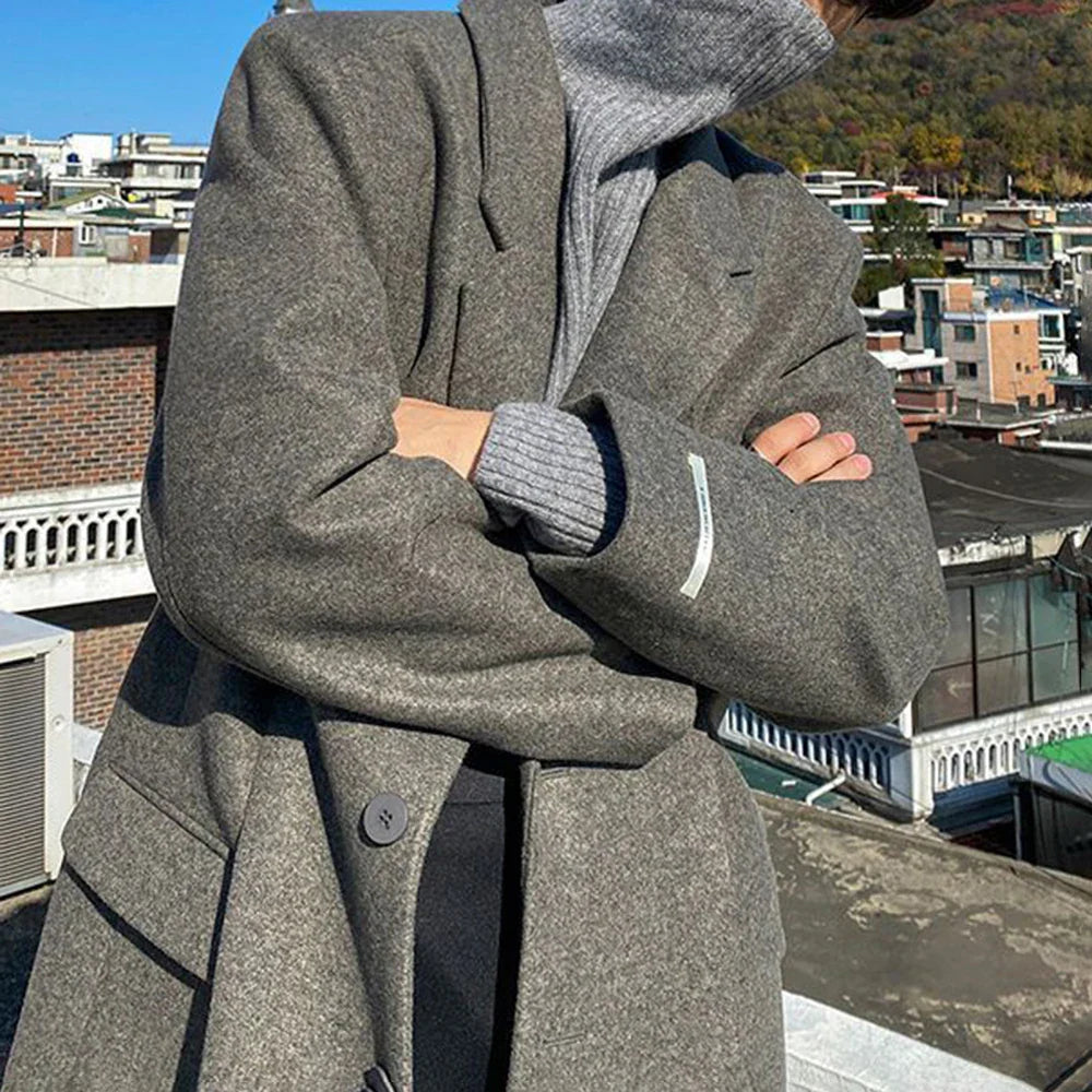 sanyamk Woolen Coat Men's Autumn Winter New Korean Style Trendy Loose Mid-Length Elegant Retro Simple Comfort Solid Woolen Coat Jacket