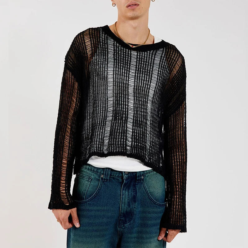 sanyamk - Fall Fashion Mens T-shirts Leisure Loose Hollow Out Crew Neck Pullover Tops Spring Men Casual Long Sleeve Tees Streetwear
