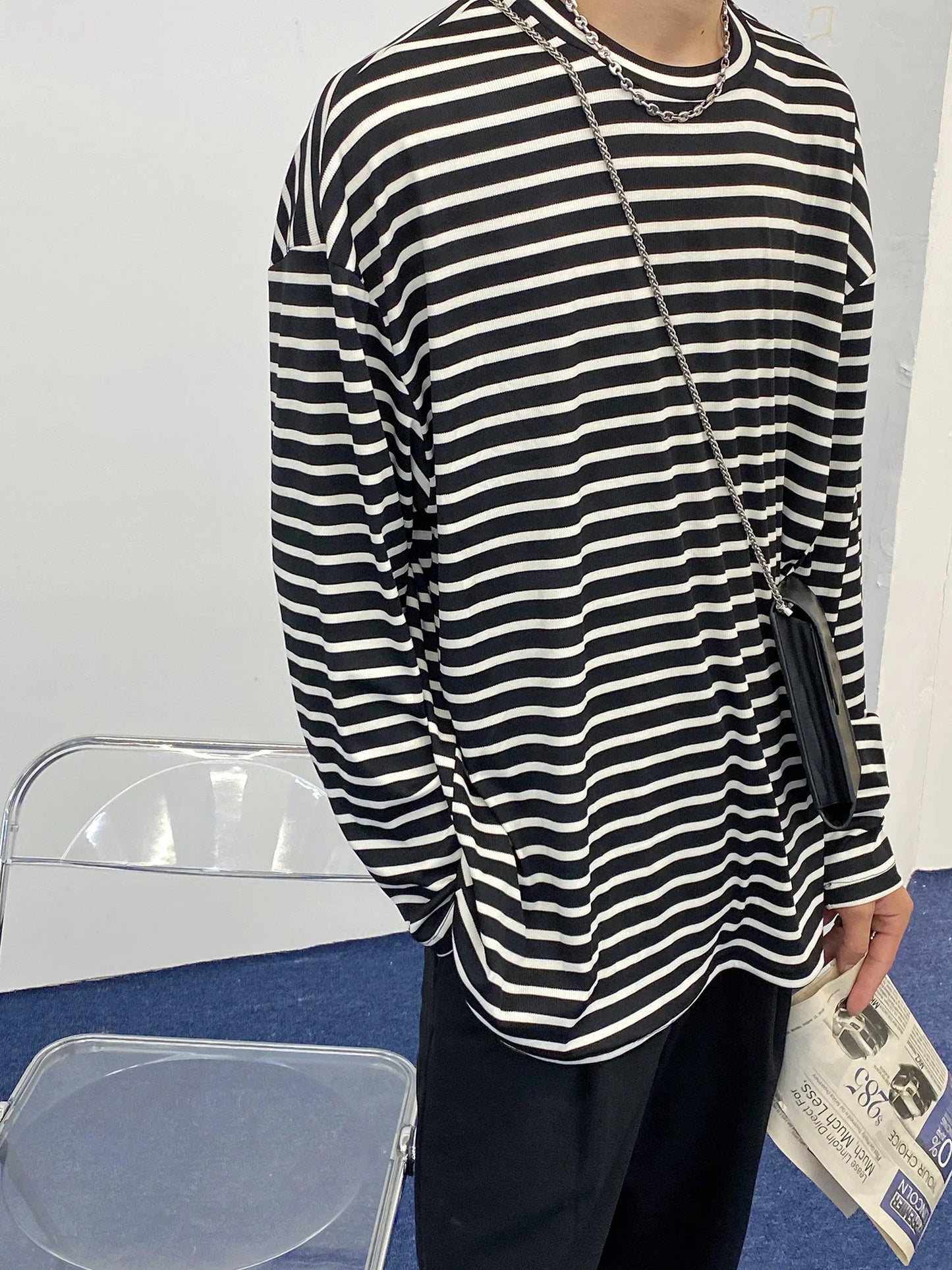 Bonsir - Crew Autumn Neck Stripe Long Sleeve Men's T-shirt New Loose Tide Bottomed Tops Couple Pullover Cloth Black White Y2252
