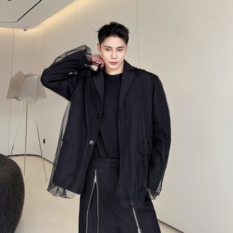 sanyamk IEFB New Trend Mesh Patchwork Suit Jacket Male Balzers Lapel Solid Color Niche Design Men's Clothing Single Breasted Top 9A7670