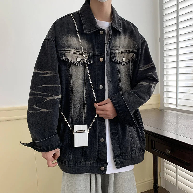 sanyamk American Style Gradient Denim Jacket Autumn High Street Causal Loose Ruffian Handsome Top Jackets Men Overcoat Male Clothes