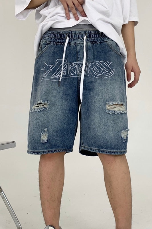Bonsir Men's Denim Shorts Letter Embroidery Ripped Hole Short Jeans Women Wide Leg Shorts Hip Hop Drawstring Vintage Denim Pants Summer