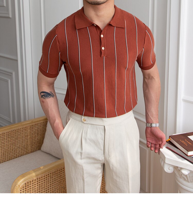 sanyamk Contrasting Stripes Casual Slim Lapel Polo Summer Knit Lapel T-shirt Polo Camisa Hombre British Men's Shirt Mannen Polo