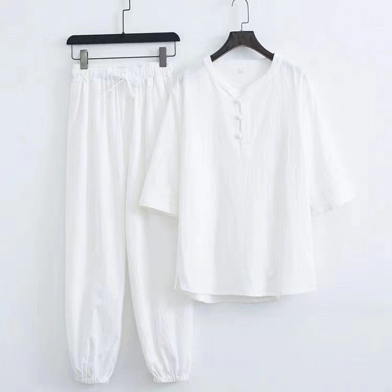 sanyamk Spring Summer New Men's Fashion Casual Solid Short Sleeve T-Shirt Pant Suit Men High-Quality Cotton And Linen Two-Piece Set 5XL
