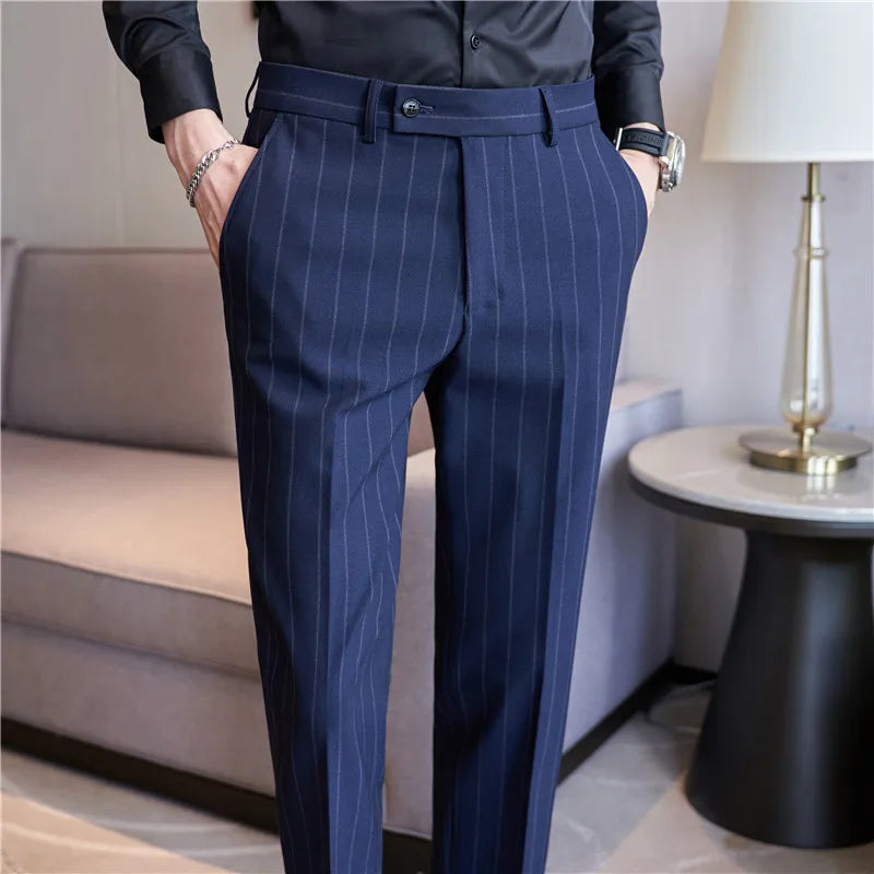 sanyamk England Style Men's Casual Striped Suit Pants Stretch Business Casual Long Slim Fit Trousers Black Blue Pencil Pants for Man