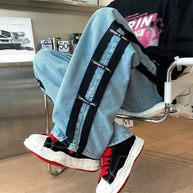 BONSIR - Men Skeleton Baggy Causal Jeans Pants Japanese Streetwear Wide Leg S Male Blue Vintage Denim Trousers