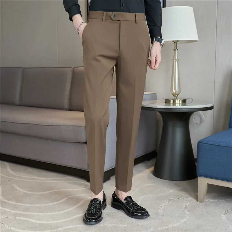 sanyamk - New Fashion Men's Pencil Pants Slim Fit Stretch Trousers Solid Korean Style Handsome Wedding Business Work Casual Suit Pant
