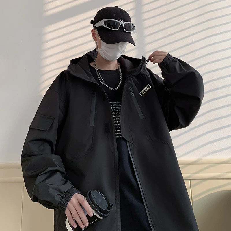 sanyamk Spring Mens Pockets Jackets Hip Hop Harajuku Streetwear Fashion Hooded Loose Coats Outwear Plus Size M-8XL