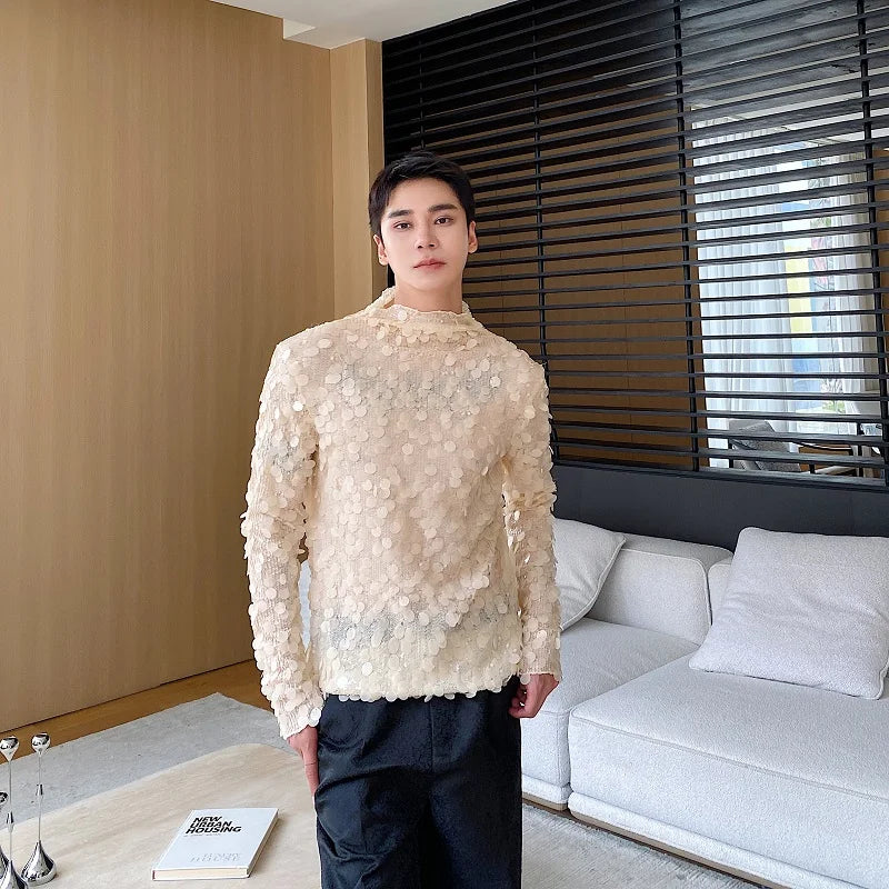 sanyamk - New Men's Spangly T-shirts Sequins Glitter Stand Collar Long Sleeve Skinny Tops Tees Stylish Party Clothing