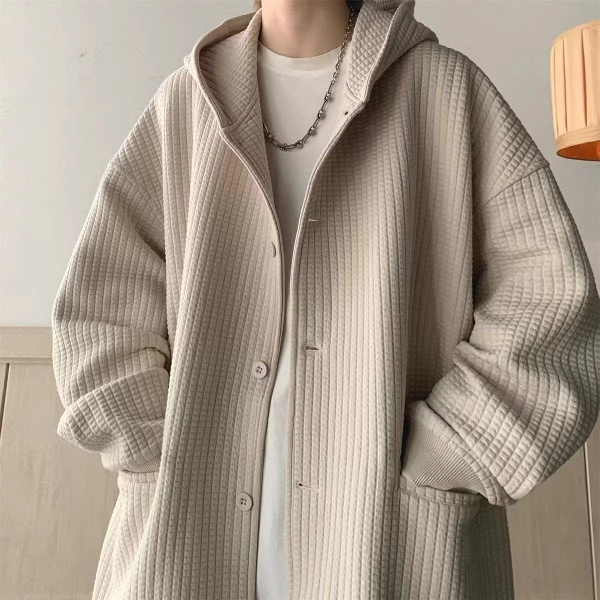 Bonsir Men Sweatshirt Waffle Korea Version Jacket Loose Cardigan Thickened Coat Ins Hip Hop Couple Streetwear Hooded Men Women Clothing