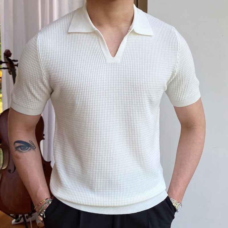 sanyamk Summer New V-neck Men's Solid Color Short-sleeved T-shirt British Slim Lapel Knitted Striped Casual Polo Shirt