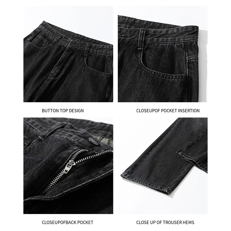 Bonsir Autumn New Wide Leg Jeans Men Belt Buckle Trousers Neutral Loose Casual Hip Hop Streetwear Washed Vintage Wrinkled Denim Pants