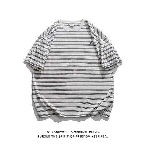 Bonsir Trendy Japanese Pinstripe Short Sleeved T Shirt Men's Vintage Loose Couple Versatile Tee for Summer