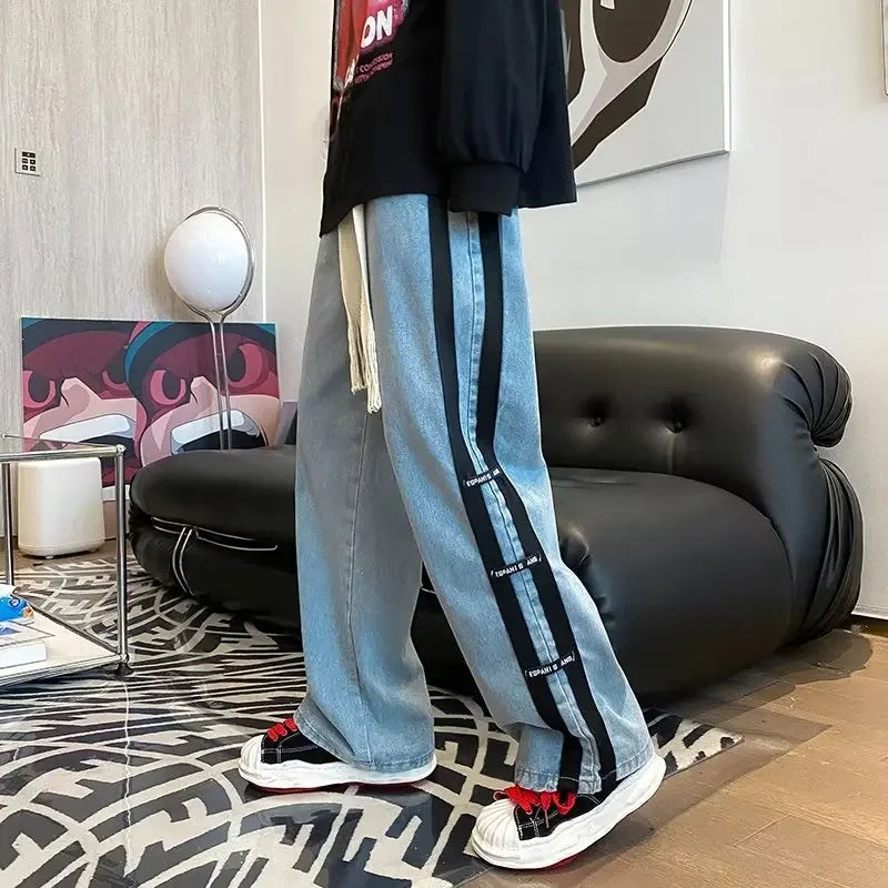 BONSIR - Men Skeleton Baggy Causal Jeans Pants Japanese Streetwear Wide Leg S Male Blue Vintage Denim Trousers