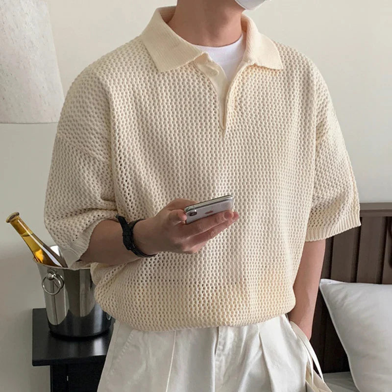 sanyamk - Simple Loose Men's T-shirts Knitting Casual Solid Color Lapel Short Sleeve Hollow Out Tops New Summer Simple 2024 9C6071