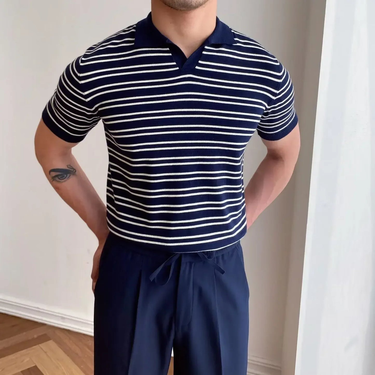 sanyamk - Mature Men Clothing Summer New V-neck Striped Knitted T-shirts for Men Short Sleeve Trend Simple Fashion Lapel Polo Shirts