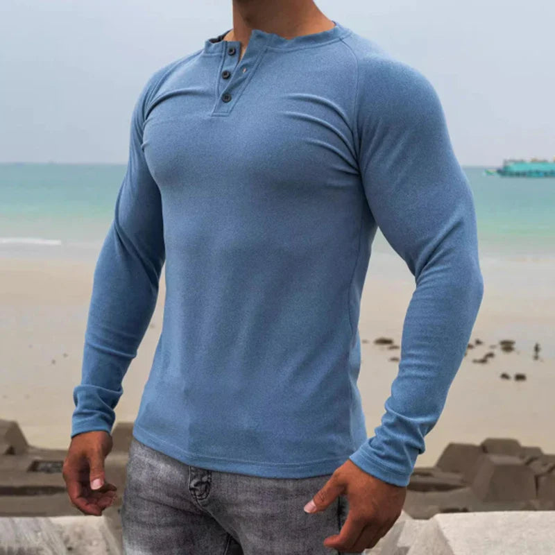 BONSIR - Male Fashion Crew Neck Buttoned Top Spring Autumn Long Sleeve Basic Pullover Men Clothing Simple Solid Color Skinny t Shirts