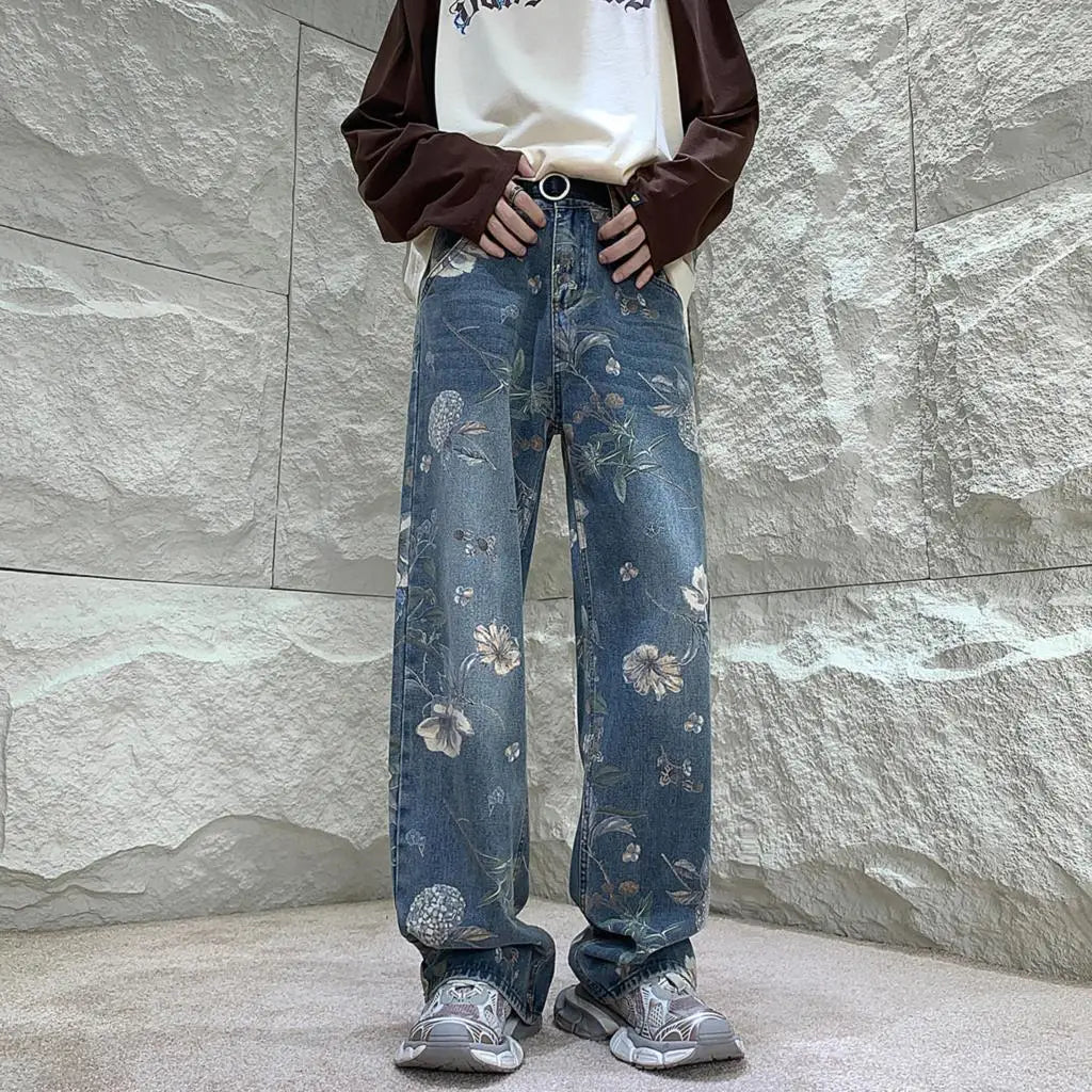 sanyamk Autumn Men Fashion Printed Jeans Denim Male Harajuku Trousers Korean Style High Street Loose Hip Hop Woman Wide-leg Jean Pants