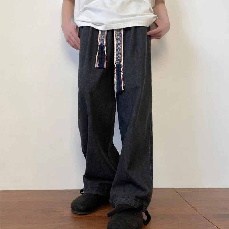 BONSIR - New Fashion Men Jeans Vintage Hip Hop Denim Pants Ethnic Pattern Drawstring Male Straight Loose Streetwear Baggy Cowboy Trousers