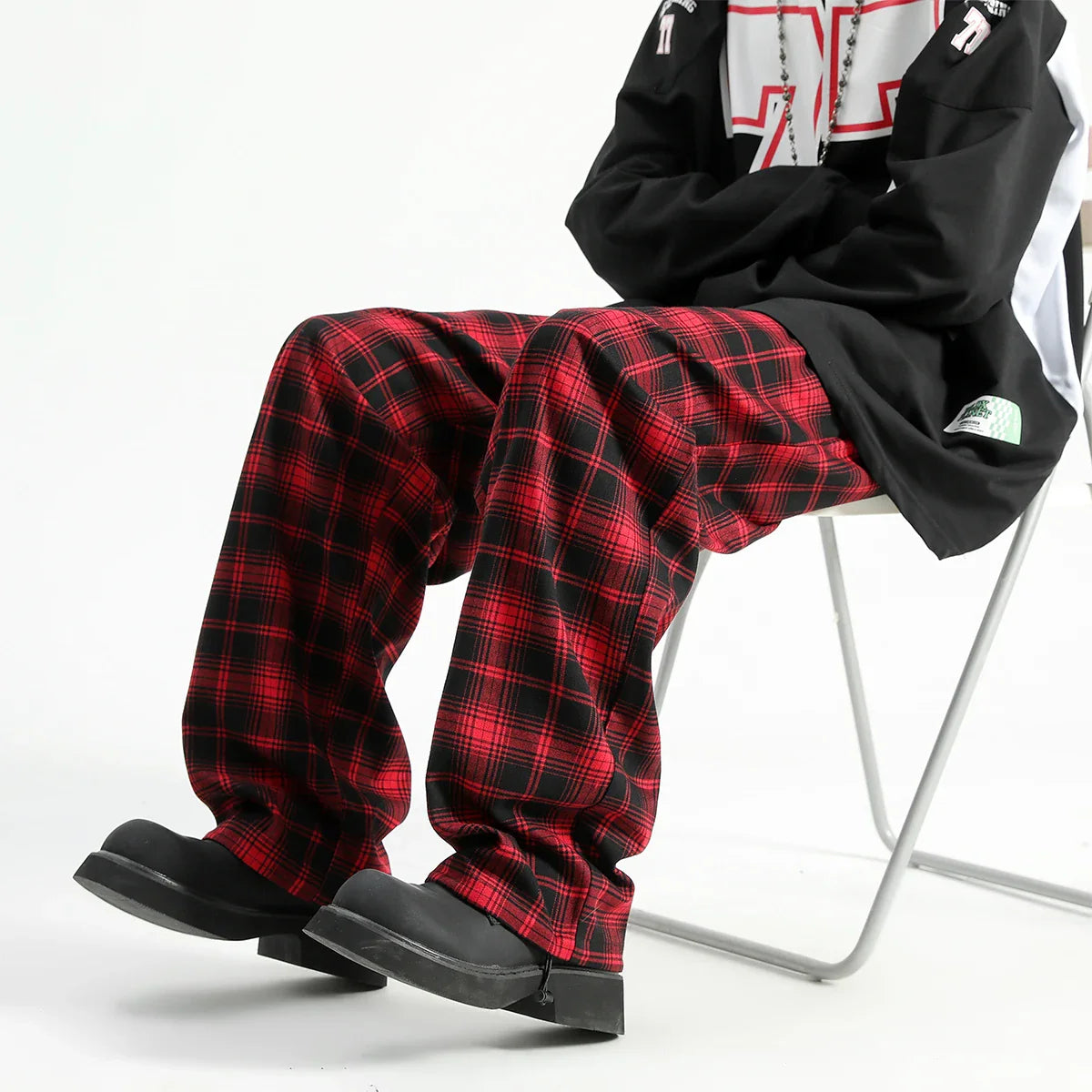 sanyamk Autumn Winter Men's Plaid Pants Contrast Color Wide Leg Casual Long Trousers Vintage Style Stylish Streetwear Checkered Pants