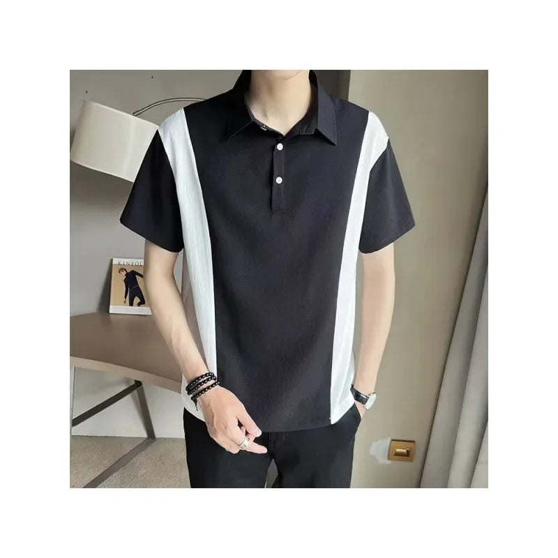 sanyamk Fashionable Hong Kong Style Casual Men's Polo Shirt Short Sleeves Trendy Brand New Summer Neutral Black For All Seasons