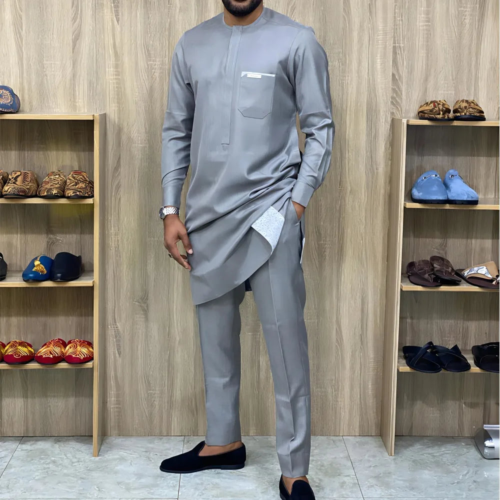 sanyamk - Kaftan Summer Men's Suits Short Sleeve Solid Top Pants Wedding African Ethnic Casual Wear Dashiki 2PCS Suit Fashion Men's Sets