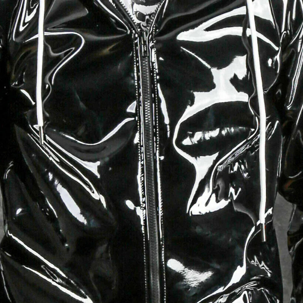 sanyamk Men's Hooded Fashion Pu Bright Leather Sports Suit Autumn New Striped Patent Leather Hooded Jacket Straight-Leg Pants Suits