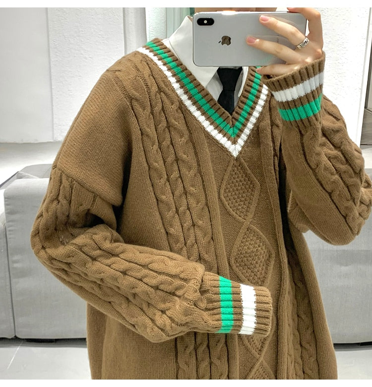 Bonsir Winter V-neck Sweater Men New Patchwork Color Knitted Sweater Pullover Harajuku Couple Streetwear Loose Knitwear Oversized 2XL